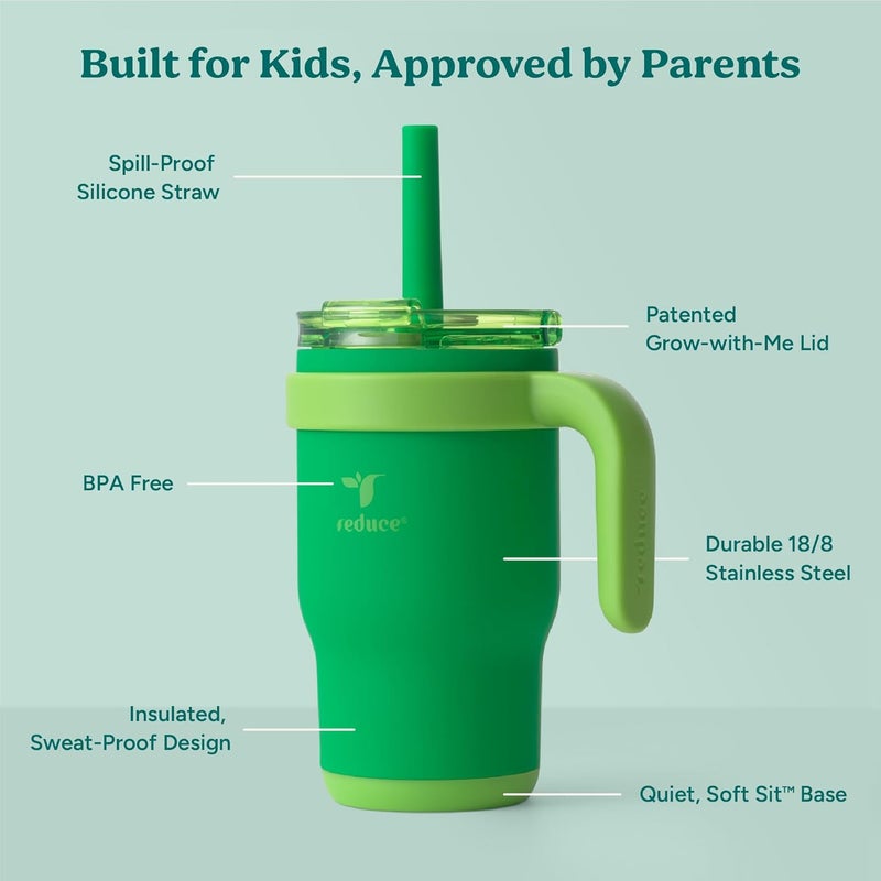 Reduce 14 Oz Coldee Kids Tumbler with Lid and Straw - Coldee Insulated Travel Mug - Spill-Proof, Sweatproof Stainless Steel, BPA-Free - Includes Handle, Reusable Silicone Straw - Clover Green - Image 4